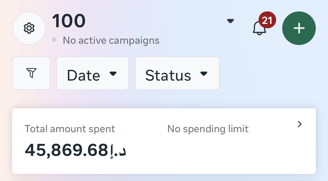 Account 100 Meta Ads account showing AED 45,869.68 total spend