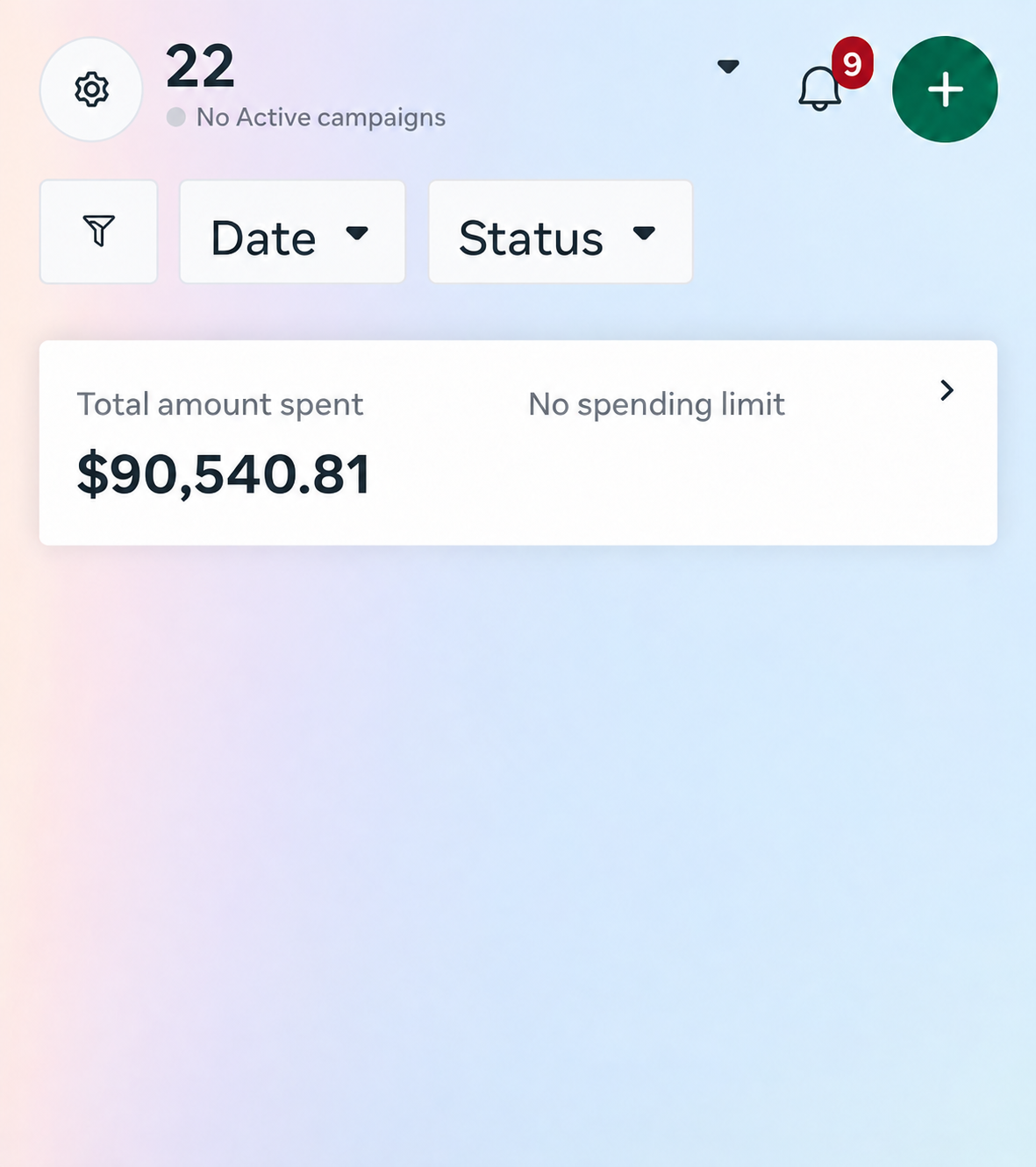 Account 22 Meta Ads account showing USD 90,540.81 total spend