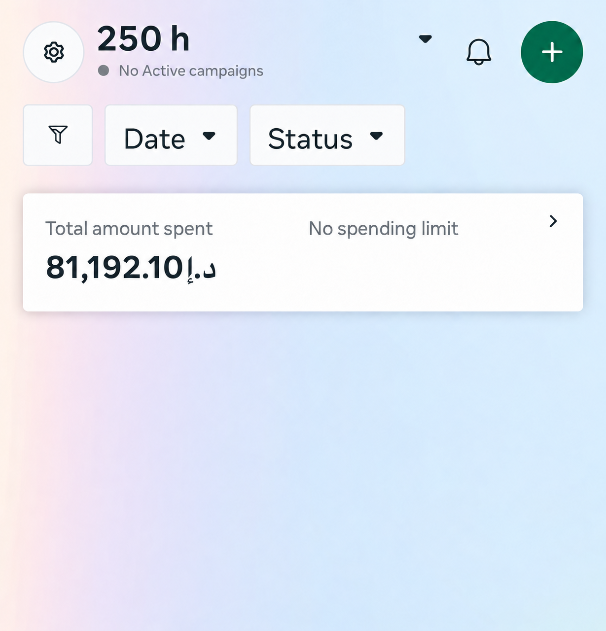 Account 250 h Meta Ads account showing AED 81,192.10 total spend