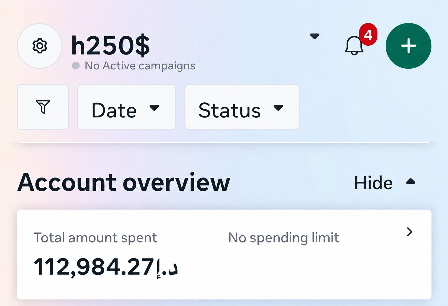 Account h250 dollar Meta Ads account showing AED 112,984.27 total spend