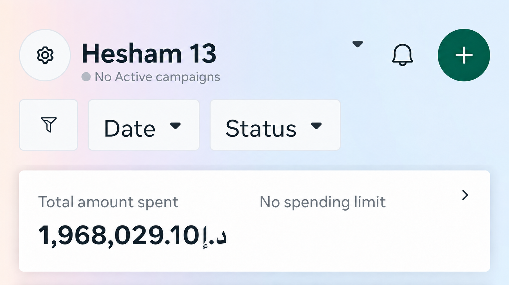 Hesham 13 Meta Ads account showing AED 1,968,029.10 total spend