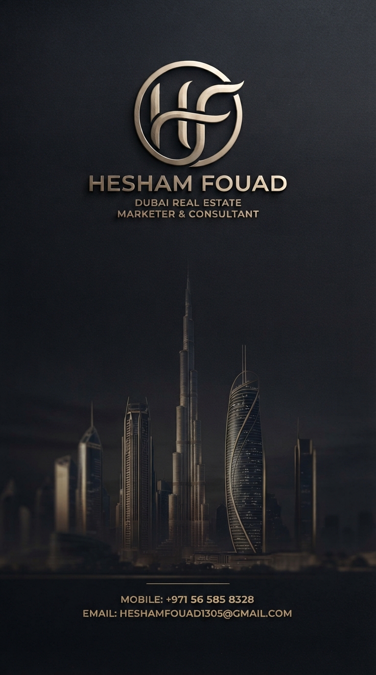 Hesham Fouad personal brand artwork featuring the Dubai skyline and contact details